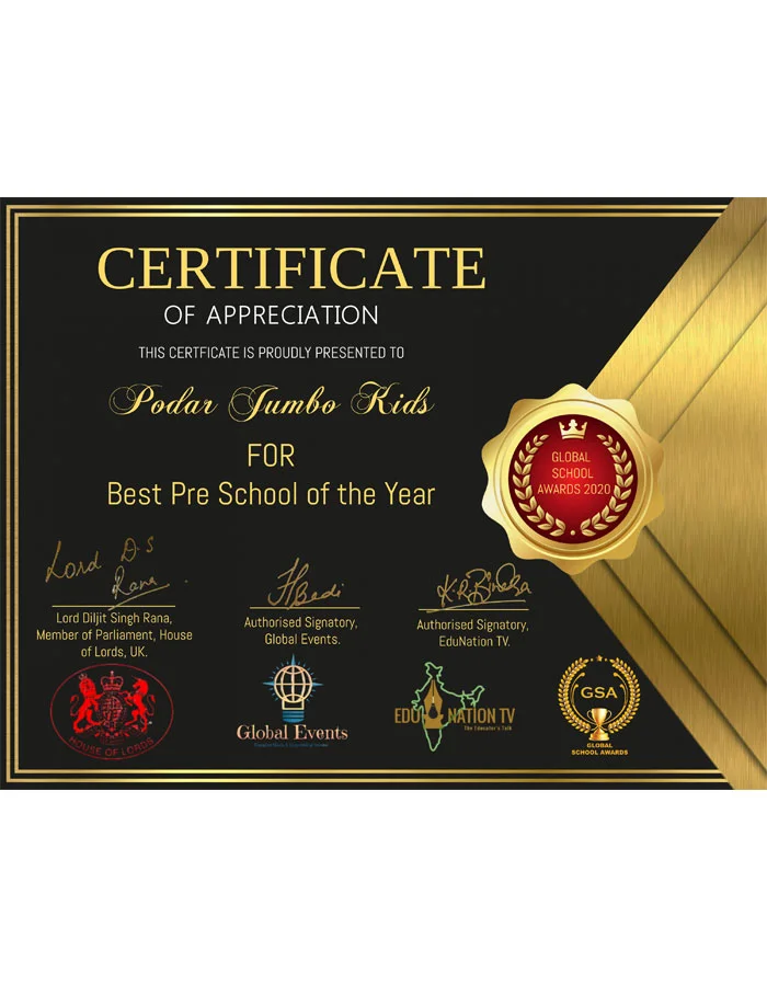 Podar International School Awards - Best Preschool of the Year - Global School Awards - 2020-21
