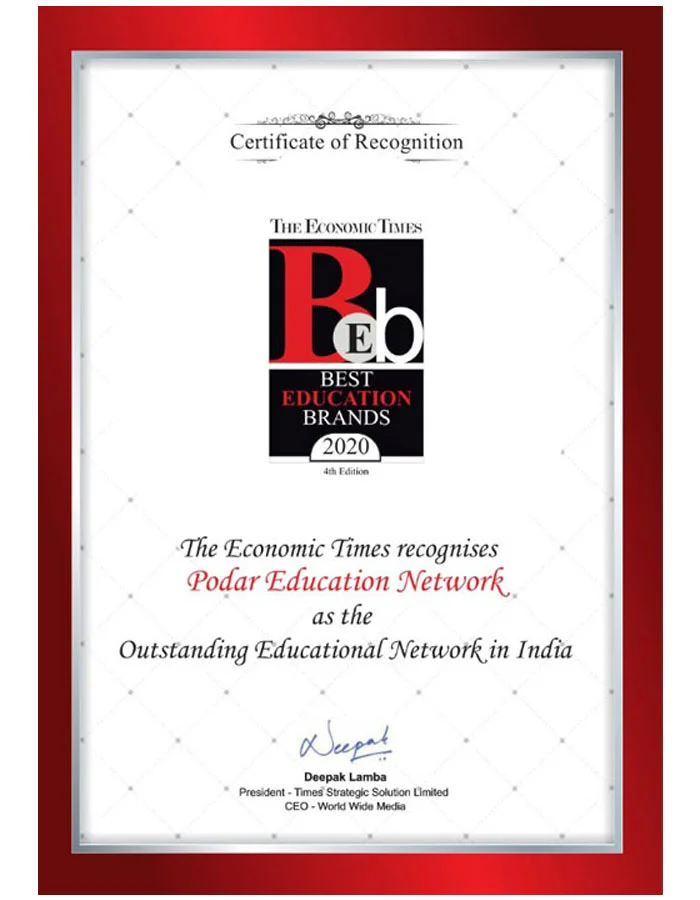 Podar International School Awards - Outstanding Educational Network in India -  The Economics Times - 2020-21