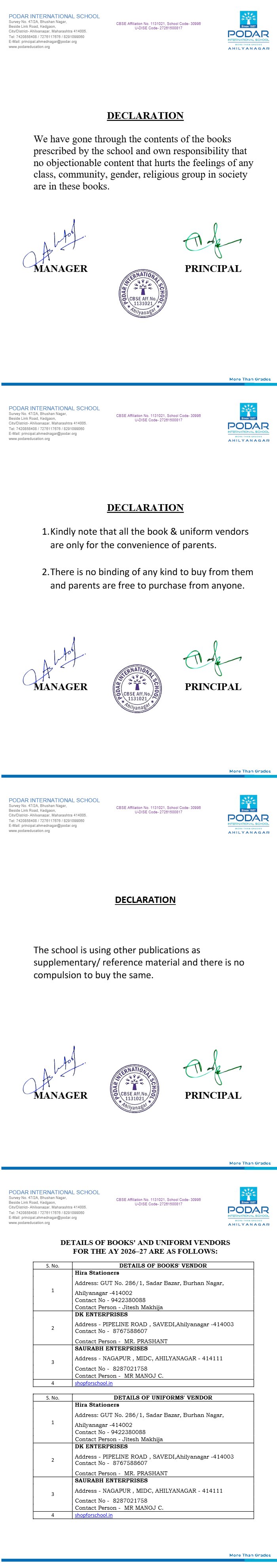 Podar School ahilyanagar- cbse Declaration Certificate
