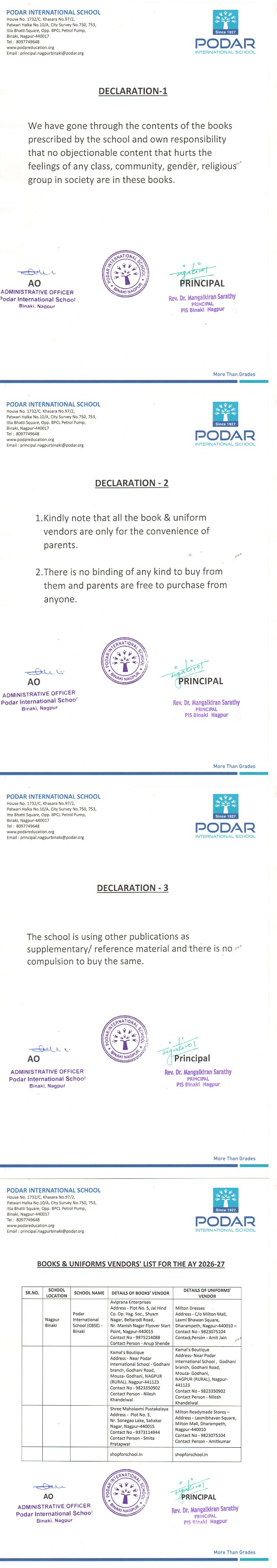 Podar School katol road nagpur - cbse Declaration Certificate