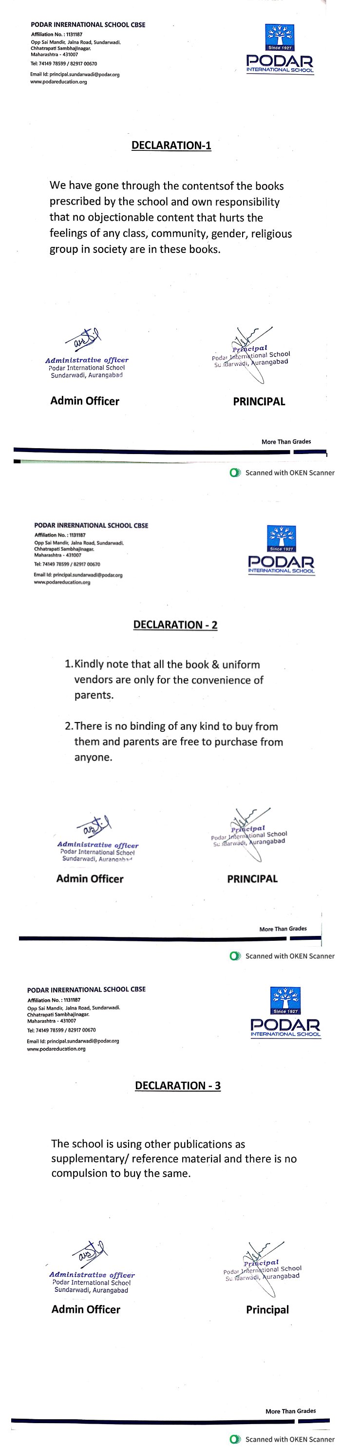 Podar School sundarwadi chhatrapati sambhaji nagar - cbse Declaration Certificate