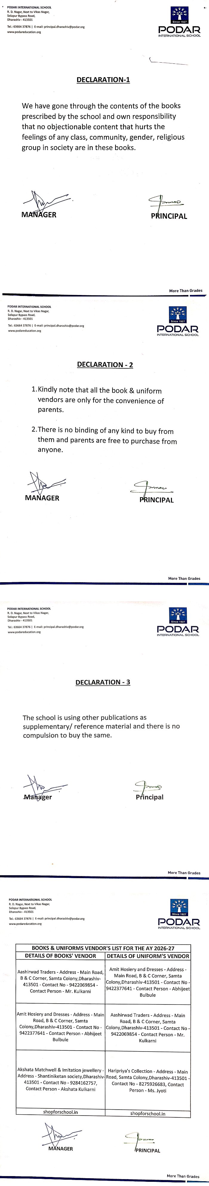 Podar School dharashiv - cbse Declaration Certificate