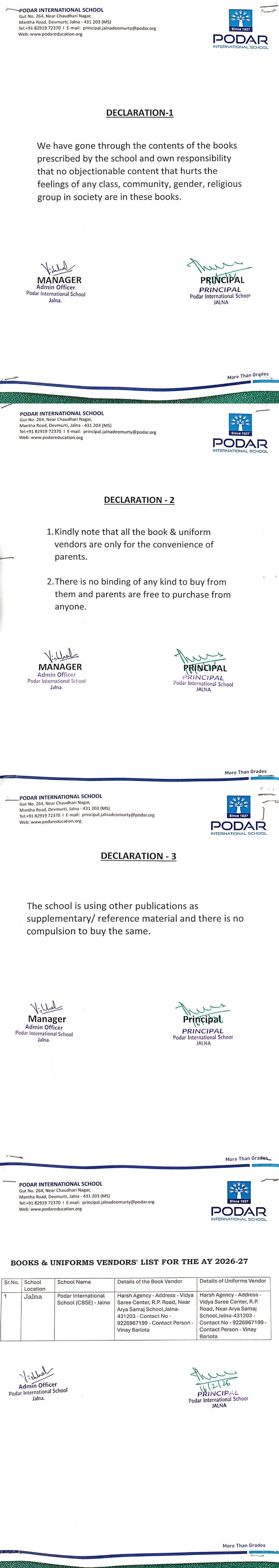 Podar School devmurti jalna - cbse Declaration Certificate