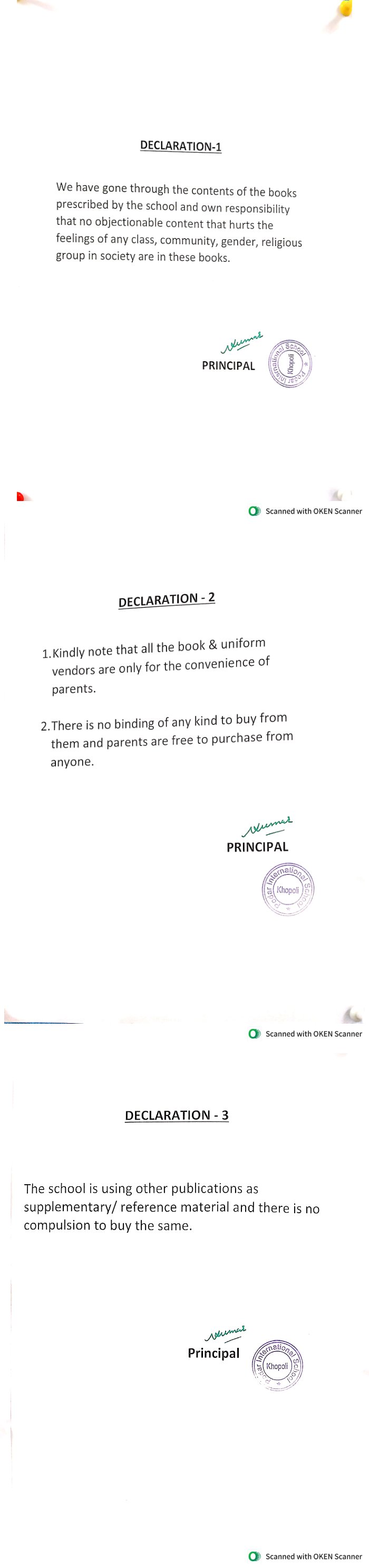 Podar School khopoli - cbse Declaration Certificate