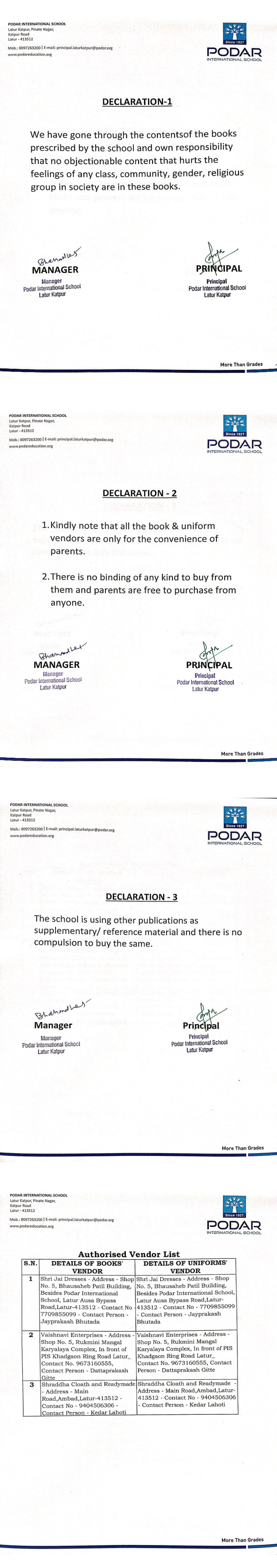 Podar School khadgaon ring road latur - cbse Declaration Certificate