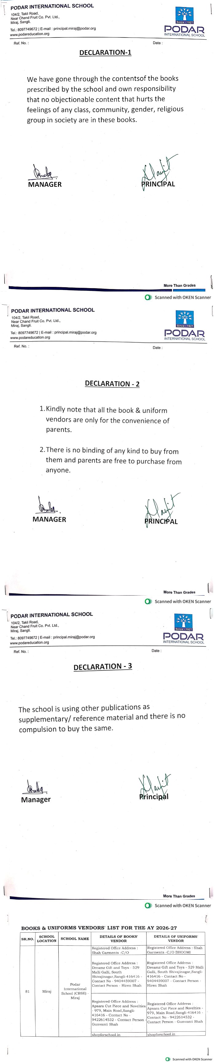 Podar School miraj - cbse Declaration Certificate