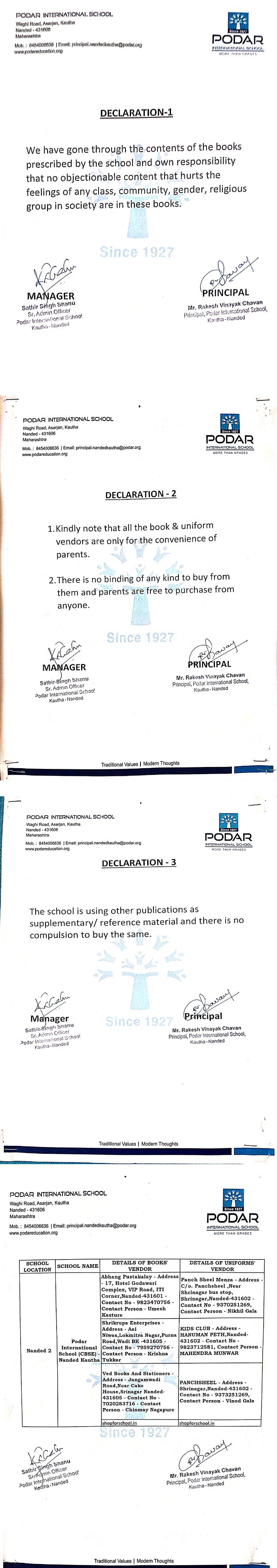 Podar School nanded - cbse Declaration Certificate
