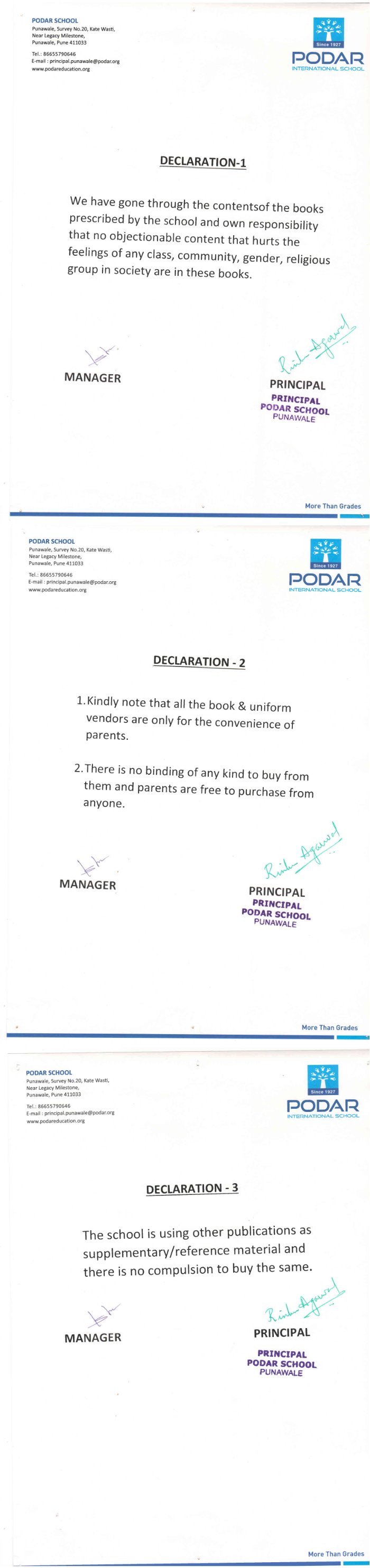 Podar School hadapsar pune - cbse Declaration Certificate