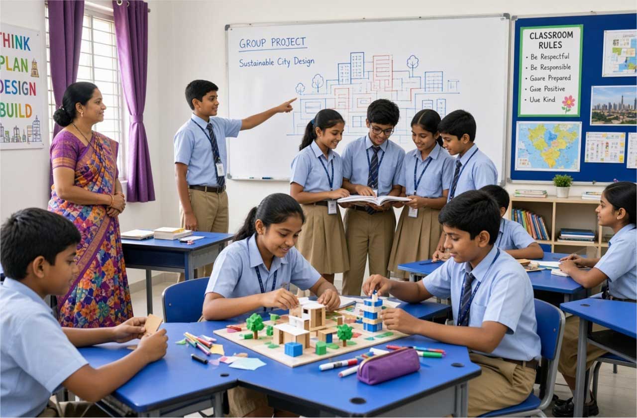 A diverse group of school students actively participating in a classroom activity—some discussing, one presenting, others working on a project—showing that participation goes beyond stage performances