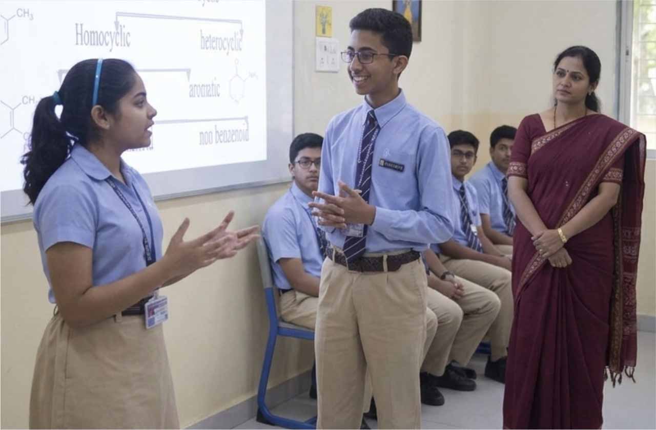 A classroom discussion scene where two students confidently share their ideas while listening respectfully to each other, with a teacher guiding the conversation in the background.