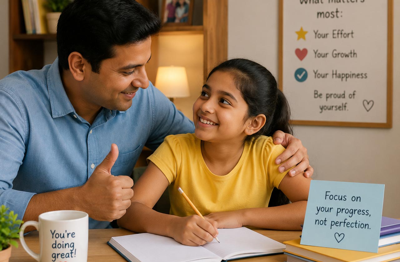A parent encouraging their child with support and understanding, helping build confidence without comparisons.