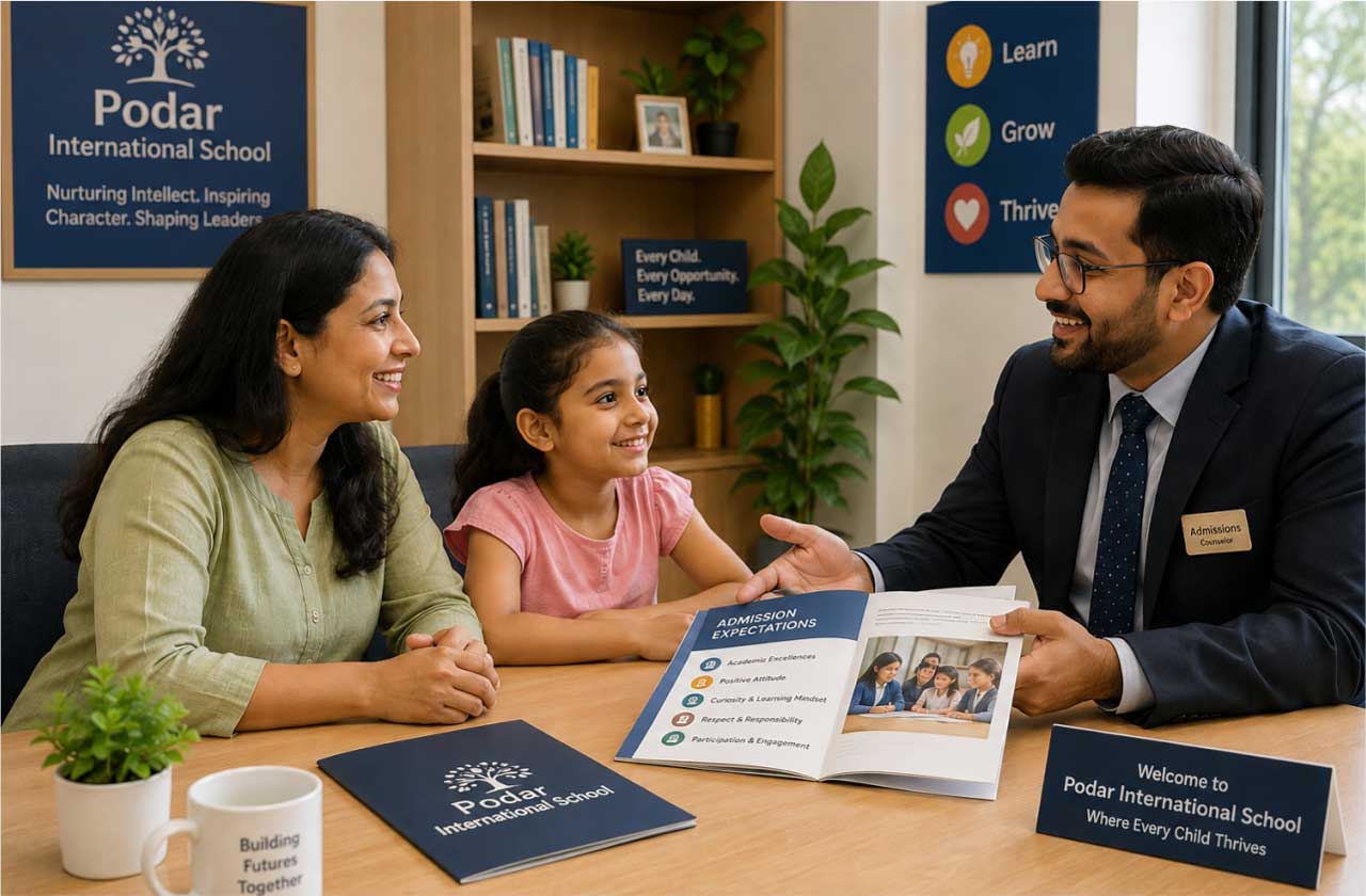A parent and child meeting with a school representative, discussing admission expectations in a positive, informed, and supportive environment.
