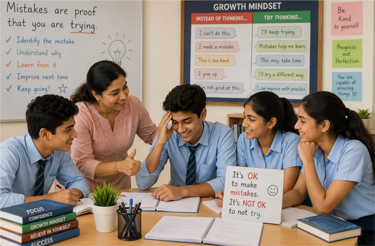 A teacher helping students learn from mistakes, building confidence, resilience, and a positive growth mindset