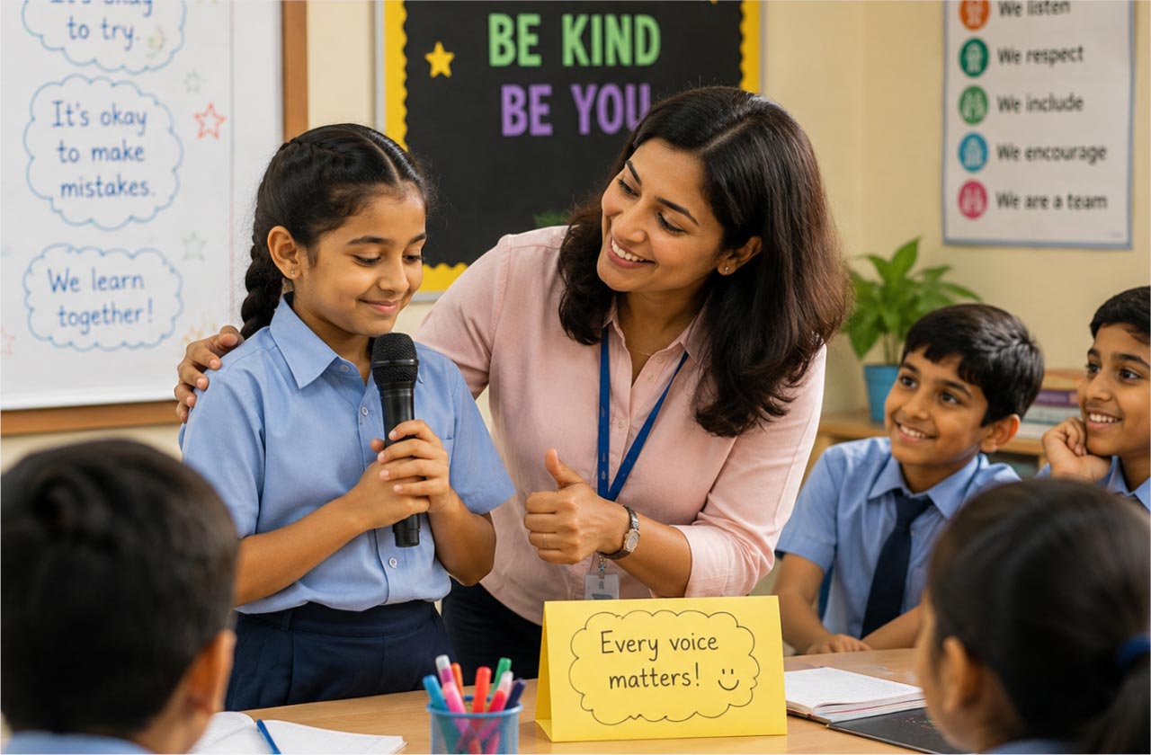 A teacher warmly encouraging a shy student during a classroom activity, showing confidence-building, inclusion, emotional safety, and supportive learning.