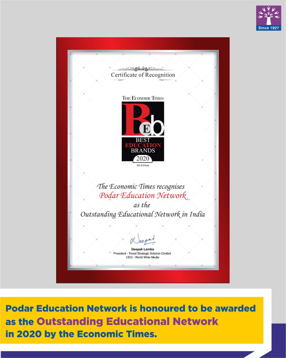 Podar Education Network felicitated with Outstanding Educational Network award in India by The Economic Times on 30 June 2020