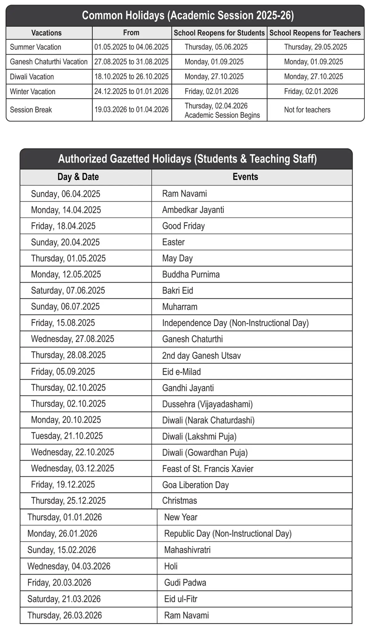Goa holiday list