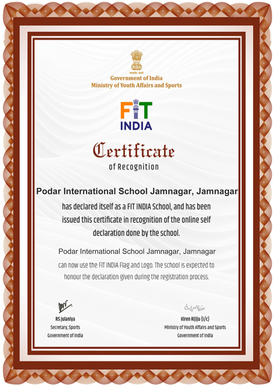 Fit India Certificate 2019 Podar News fit-india-certificate-2019-podar-news